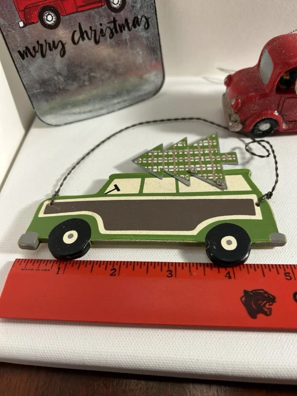 2 Red Truck Ornaments And One Green Vintage Look Car Ornament